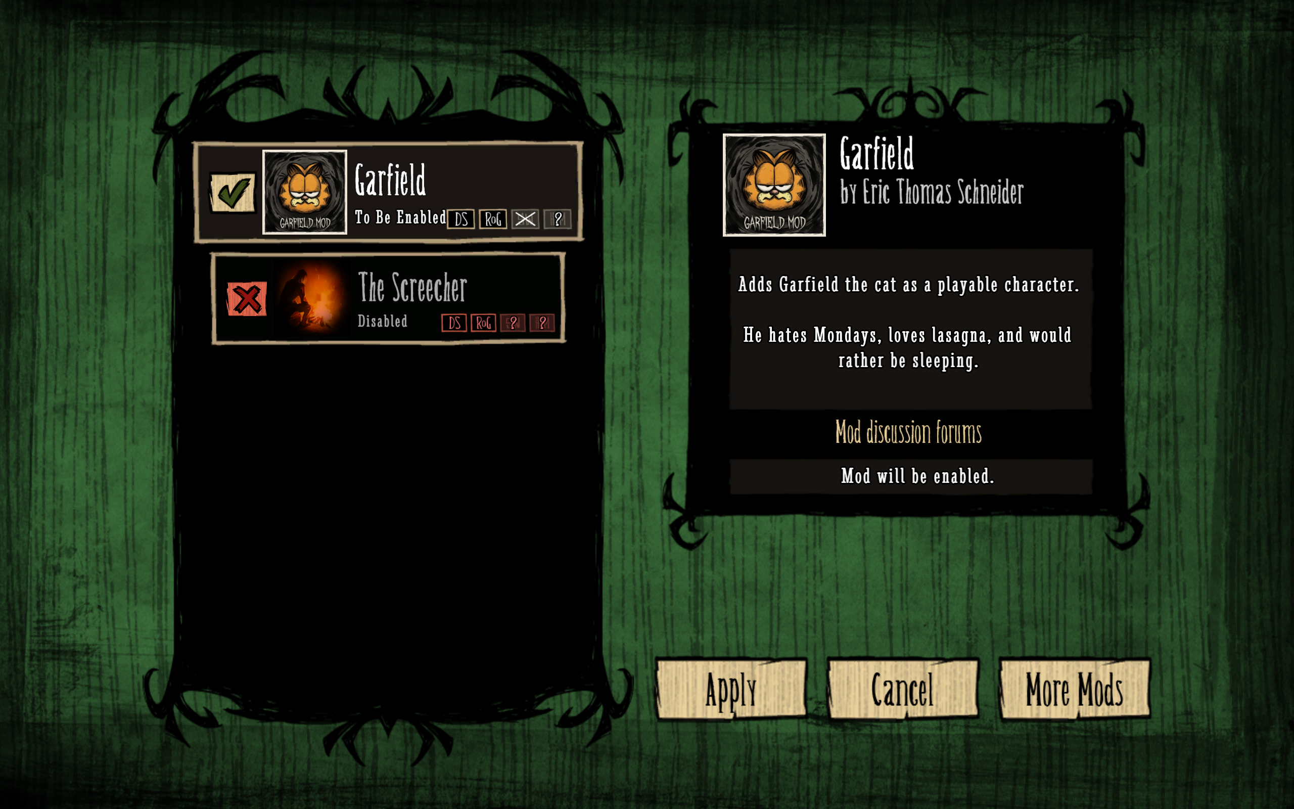 The mod in the mod screen.